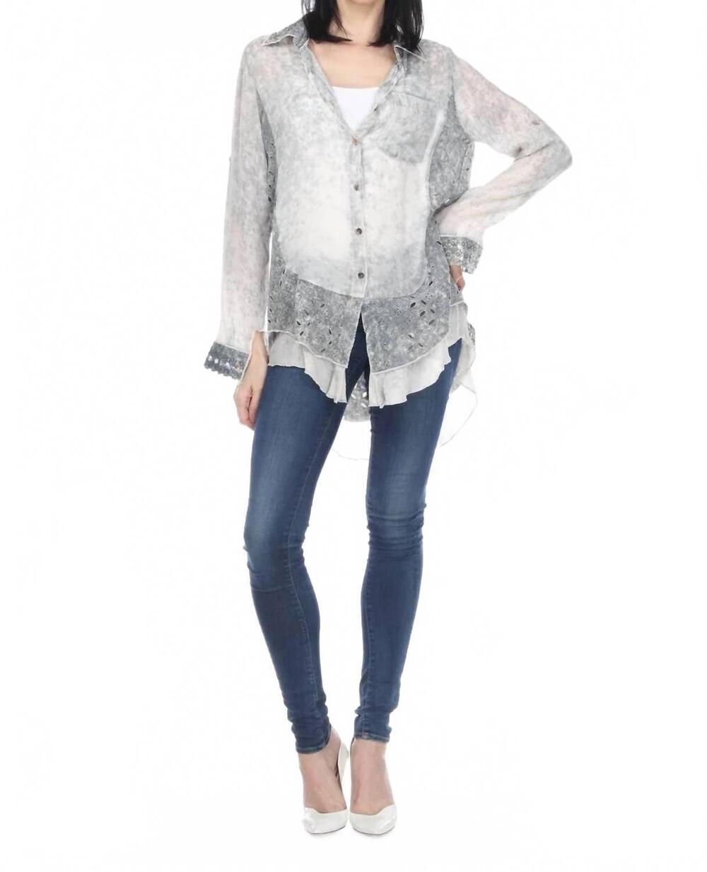 NEW KAMANA embroidered pocket tunic top in smoke gray